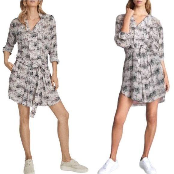 REISS Alice Abstract Pleated Long Sleeve Button-Down Asymmetrical Shirt Dress - Picture 7 of 14